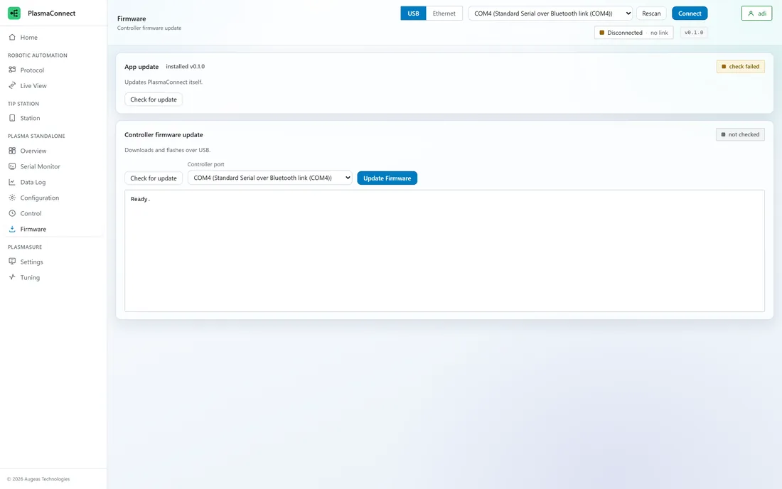 PlasmaConnect firmware page: app update and controller firmware update over USB