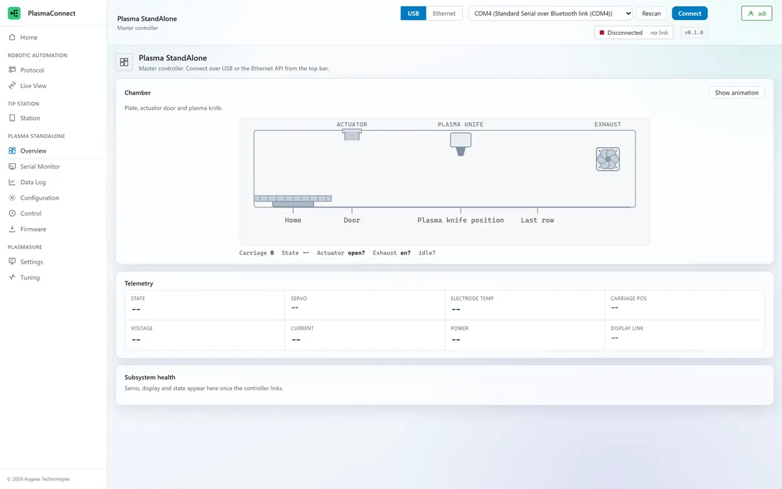 PlasmaConnect unit overview: chamber state, telemetry and subsystem health